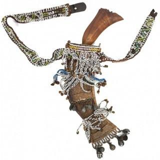 19th Century Prairie, Plains and Plateau Native American Woodlands Crooked Knife with Tiger Maple Handle; Beaded Hide Knife Sheath with Belt and Hand Forged Bells.  {Note: Additional photos were added 3-7-22 @ 8:11am ET}  