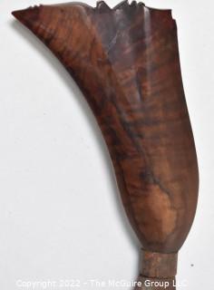 19th Century Prairie, Plains and Plateau Native American Woodlands Crooked Knife with Tiger Maple Handle; Beaded Hide Knife Sheath with Belt and Hand Forged Bells.  {Note: Additional photos were added 3-7-22 @ 8:11am ET}  