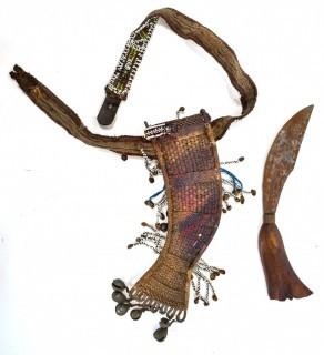 19th Century Prairie, Plains and Plateau Native American Woodlands Crooked Knife with Tiger Maple Handle; Beaded Hide Knife Sheath with Belt and Hand Forged Bells.  {Note: Additional photos were added 3-7-22 @ 8:11am ET}  