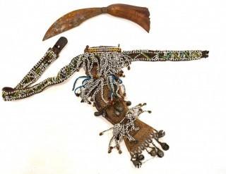 19th Century Prairie, Plains and Plateau Native American Woodlands Crooked Knife with Tiger Maple Handle; Beaded Hide Knife Sheath with Belt and Hand Forged Bells.  {Note: Additional photos were added 3-7-22 @ 8:11am ET}  