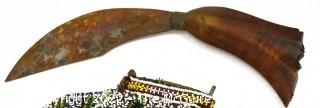 19th Century Prairie, Plains and Plateau Native American Woodlands Crooked Knife with Tiger Maple Handle; Beaded Hide Knife Sheath with Belt and Hand Forged Bells.  {Note: Additional photos were added 3-7-22 @ 8:11am ET}  