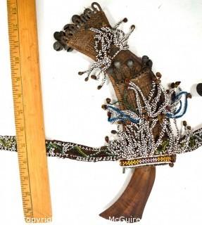 19th Century Prairie, Plains and Plateau Native American Woodlands Crooked Knife with Tiger Maple Handle; Beaded Hide Knife Sheath with Belt and Hand Forged Bells.  {Note: Additional photos were added 3-7-22 @ 8:11am ET}  