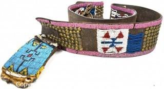 19th Century Prairie, Plains and Plateau Native American Beaded and Tacked Ceremonial Belt with Attached Beaded Pouch. 