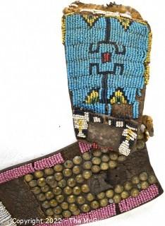 19th Century Prairie, Plains and Plateau Native American Beaded and Tacked Ceremonial Belt with Attached Beaded Pouch. 