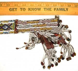 19th Century Beaded Native American Ceremonial Belt with Beading and Metal Bells.  Missing Clasp.  27" long.