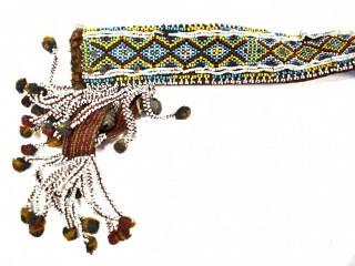 19th Century Beaded Native American Ceremonial Belt with Beading and Metal Bells.  Missing Clasp.  27" long.