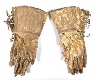 19th Century Prairie, Plains and Plateau Native American Hide Child's Embroidered Gauntlet Gloves.  Condition issues  