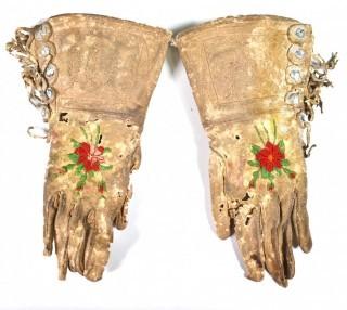 19th Century Prairie, Plains and Plateau Native American Hide Child's Embroidered Gauntlet Gloves.  Condition issues  