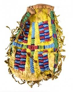 19th Century Prairie, Plains and Plateau Native American Beaded Hide Pouch with Rawhide Fringe.  