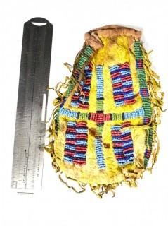 19th Century Prairie, Plains and Plateau Native American Beaded Hide Pouch with Rawhide Fringe.  