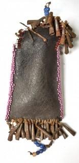 19th Century Native American White Beaded Hide Pouch with Forged Bell Trim.