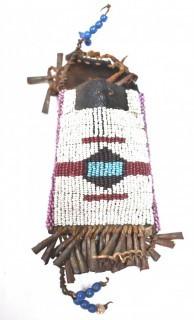 19th Century Native American White Beaded Hide Pouch with Forged Bell Trim.