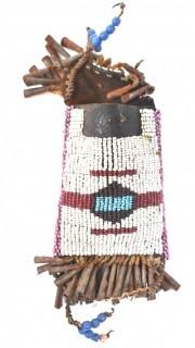 19th Century Native American White Beaded Hide Pouch with Forged Bell Trim.