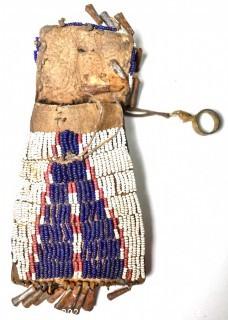 19th Century Native American White with Blue Teepee Design Beaded Hide Pouch with Brass Ring and Bell Fringe. 