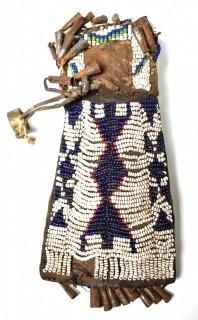 19th Century Native American White with Blue Teepee Design Beaded Hide Pouch with Brass Ring and Bell Fringe. 