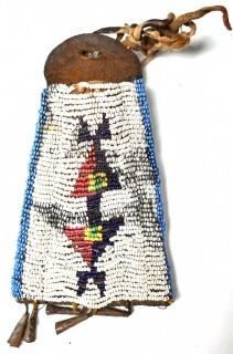 19th Century Native American Beaded Hide Pouch with Bell Fringe.