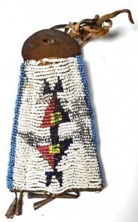 19th Century Native American Beaded Hide Pouch with Bell Fringe.