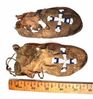 19th Century Prairie, Plains and Plateau Native American Beaded, Possibly Nez Perce, Child's Hide Moccasins.  Wear from age. 
