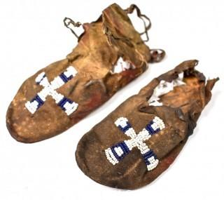 19th Century Prairie, Plains and Plateau Native American Beaded, Possibly Nez Perce, Child's Hide Moccasins.  Wear from age. 
