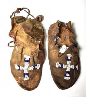 19th Century Prairie, Plains and Plateau Native American Beaded, Possibly Nez Perce, Child's Hide Moccasins.  Wear from age. 
