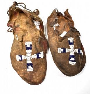 19th Century Prairie, Plains and Plateau Native American Beaded, Possibly Nez Perce, Child's Hide Moccasins.  Wear from age. 
