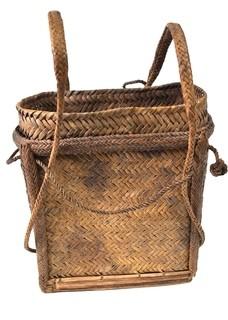 19th Century Prairie, Plains and Plateau Native American Herringbone Weave Child's Pack Basket with Back Straps. 