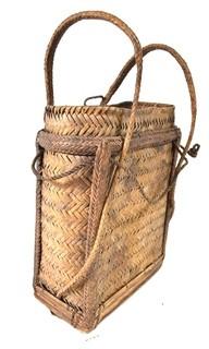 19th Century Prairie, Plains and Plateau Native American Herringbone Weave Child's Pack Basket with Back Straps. 