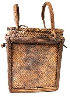 19th Century Prairie, Plains and Plateau Native American Herringbone Weave Child's Pack Basket with Back Straps. 