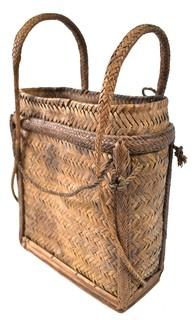 19th Century Prairie, Plains and Plateau Native American Herringbone Weave Child's Pack Basket with Back Straps. 