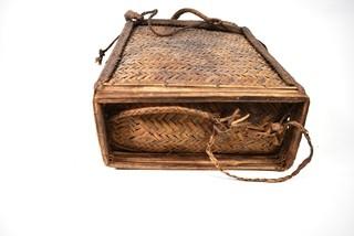 19th Century Prairie, Plains and Plateau Native American Herringbone Weave Child's Pack Basket with Back Straps. 