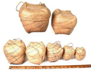 Set of Seven (7) Native American Nesting Baskets Woven with Purple Stripe, Lids and Handles. 