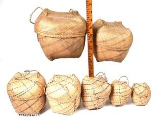 Set of Seven (7) Native American Nesting Baskets Woven with Purple Stripe, Lids and Handles. 