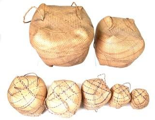 Set of Seven (7) Native American Nesting Baskets Woven with Purple Stripe, Lids and Handles. 