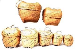 Set of Seven (7) Native American Nesting Baskets Woven with Purple Stripe, Lids and Handles. 