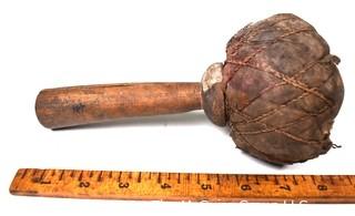 19th Century Prairie, Plains and Plateau Native American Drum Beater Made of Twine Wrapped Muslin with Wood Handle.  8"