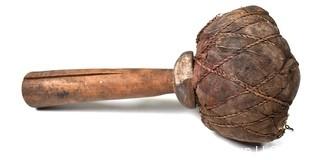 19th Century Prairie, Plains and Plateau Native American Drum Beater Made of Twine Wrapped Muslin with Wood Handle.  8"