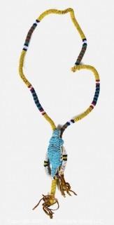 19th Century Native American Beaded Umbilical Cord Lizard Fetish or Effigy Necklace.  Break in Cord. {Note: Additional photos were added 3-7-22 @ 8:06am ET}