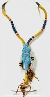 19th Century Native American Beaded Umbilical Cord Lizard Fetish or Effigy Necklace.  Break in Cord. {Note: Additional photos were added 3-7-22 @ 8:06am ET}