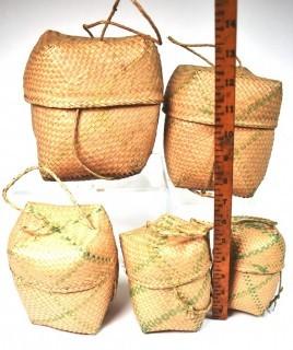 Set of (5) Native American Nesting Baskets Woven with Green Stripe, Lids and Handles. 