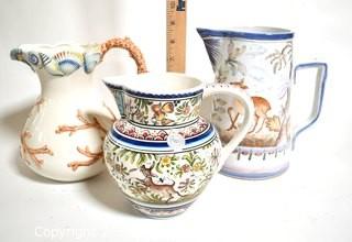 Three (3) Hand Painted Porcelain Pitchers Made in Italy and Portugal. 