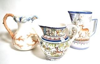 Three (3) Hand Painted Porcelain Pitchers Made in Italy and Portugal. 