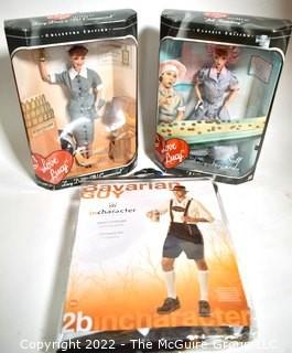 Two (2) New in Box Lucille Ball Toy Dolls Made by Mattel and One (1) New in Package Adult Costume.