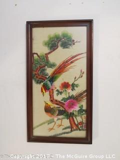 Silk embroidered scene of golden pheasants and flowers, made in Indonesia?; 11 1/2 X 21 1/2"