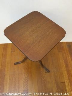 Mahogany side table on tri-footed pedestal base; 14" square top x 23"tall 