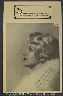 Lot 19.  Lone Star Autographs.  1 item, undated.  Unnumbered and undated catalog.  Entire catalog devoted to items from the estate of Jean Harlow and includes 16 images of photos being offered.  The entire group 76 items in all, was being offered for $22,500.  Lone Star operated out of Kaufman, Texas.