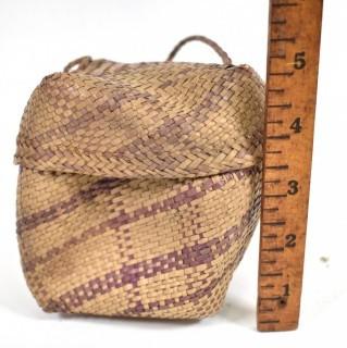 Set of Two (2) 19th Century Prairie, Plains and Plateau Native American Nesting Baskets Woven with Purple Stripe, Lids and Handles.