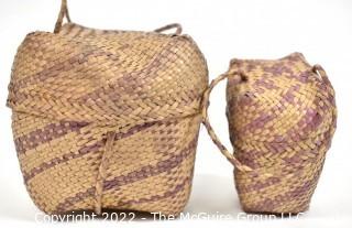 Set of Two (2) 19th Century Prairie, Plains and Plateau Native American Nesting Baskets Woven with Purple Stripe, Lids and Handles.