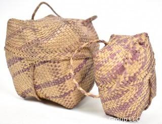 Set of Two (2) 19th Century Prairie, Plains and Plateau Native American Nesting Baskets Woven with Purple Stripe, Lids and Handles.