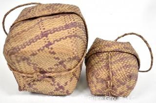 Set of Two (2) 19th Century Prairie, Plains and Plateau Native American Nesting Baskets Woven with Purple Stripe, Lids and Handles.