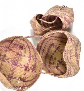 Set of Two (2) 19th Century Prairie, Plains and Plateau Native American Nesting Baskets Woven with Purple Stripe, Lids and Handles.